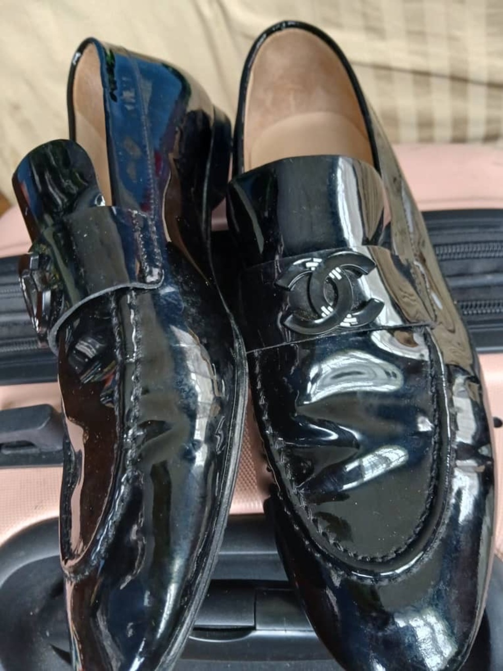 CHANEL Black Patent Leather Men's Slip-On Loafers with Interlocking CC
